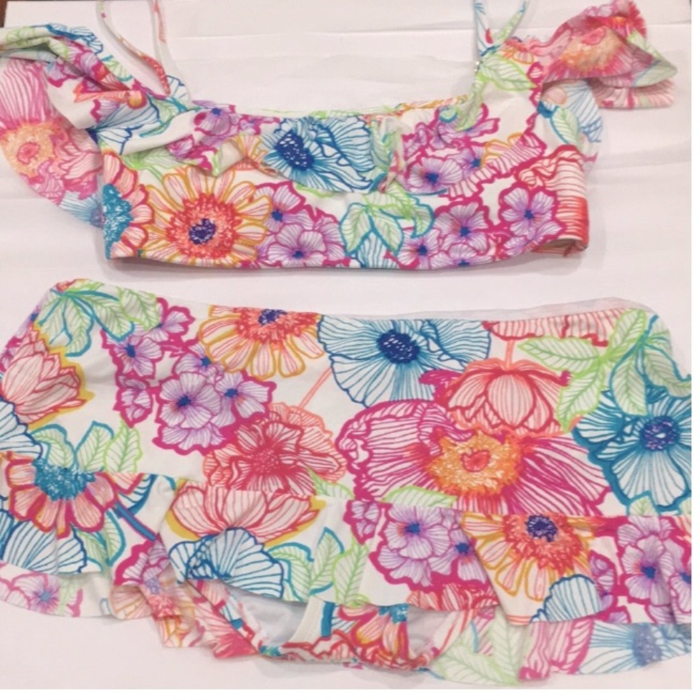 NEW 2PC BLUE ROD BEATTIE PRINT RUFFLE TOP & SKIRTED HIPSTER BIKINI SWIMSUIT 8 - Picture 3 of 9